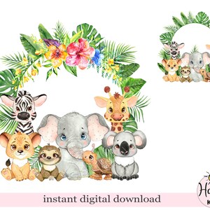 Couronne PNG d'animaux de safari pour bébé, bébés animaux aquarelle, conception en sublimation, image de carte d'anniversaire, téléchargement numérique instantané