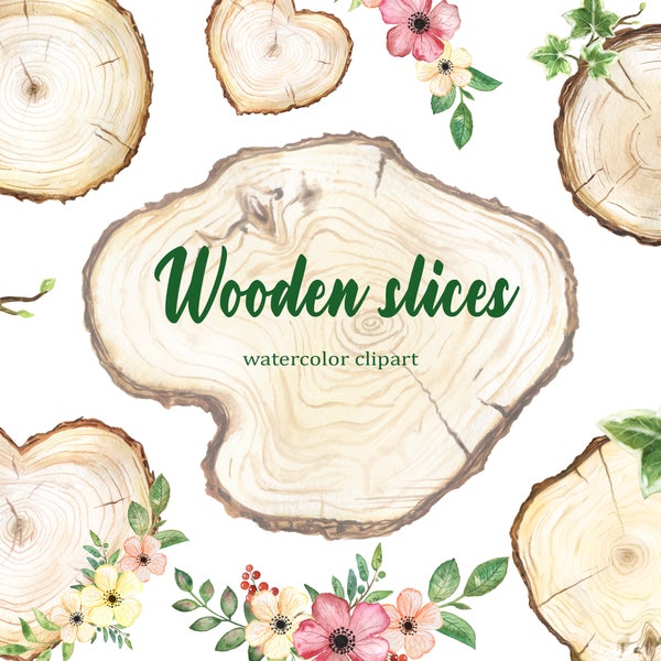 Wood slices watercolor clipart,  forest decor, rustic style, wedding invitation.