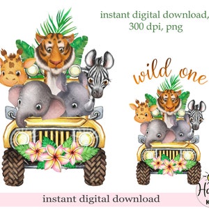 Camion d'animaux de safari de bébé sauvage PNG, conception de sublimation de T-shirt, image de carte d'anniversaire, téléchargement numérique instantané