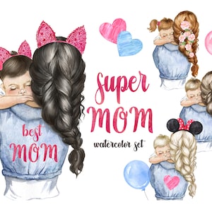 Clipart di mamma e bambino, clipart digitale acquerello per la festa della mamma, mamma con figlio, madre con figlia, clipart di famiglia.