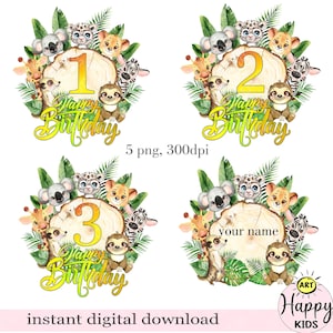 Tranche de bûche d'animaux de safari pour bébés PNG, animaux aquarelles, carte postale d'anniversaire, T-shirt en sublimation, animaux sauvages, téléchargement immédiat