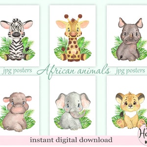 Pósteres de acuarela de animales de safari, decoración de pared para habitación de bebé