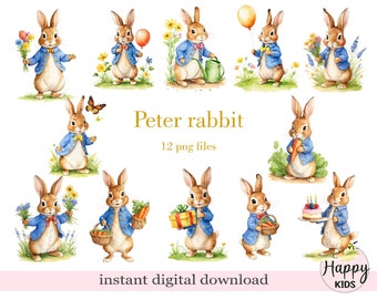 Peter Rabbit bundle, Rabbit PNG, Bunny PNG, Transparent PNG file, Watercolor clipart, Sublimation print, Invitation Card