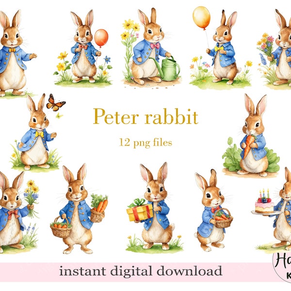 Peter Rabbit bundle, Rabbit PNG, Bunny PNG, Transparent PNG file, Watercolor clipart, Sublimation print, Invitation Card