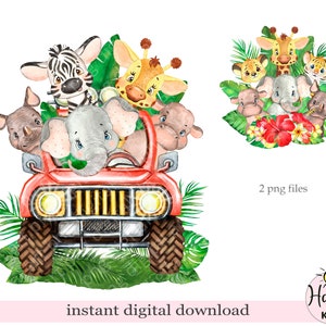 Bébé animaux de safari camion PNG, T-shirt sublimation, conception de carte d'anniversaire, aquarelles bébés animaux, téléchargement immédiat