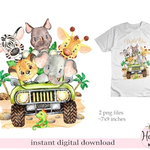Safari-Aquarell-Tiere im Dschungel-Autodruck für Kinder. Druckbare Safari Tiere PNG Digital File, Kinderzimmer Wandkunst, digitaler Download