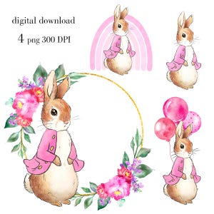 Rosa Flopsie Bunny PNG, Babyparty Design, Baby Mädchen PNG Druck, Rahmen mit rosa Blumen, sofortiger digitaler Download