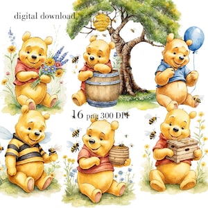 Ours mignon Clipart PNG, ours avec pot de miel, Winnie Bear sublimation PNG, ours Png, ours aquarelle
