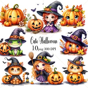 Süße gruselige Cartoon Halloween Cliparts, Kawaii Kürbis, Witchy Grafiken, Halloween Clipart Sofortiger digitaler Download