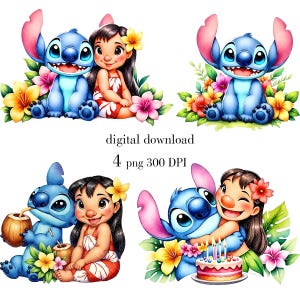 Stitch and Lilo aquarel clipart, steeksublimatieontwerpen, direct downloaden