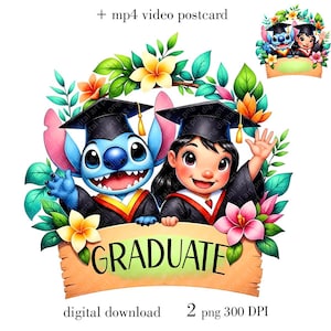 Clipart de remise des diplômes Stitch et Lilo, PNG de l'obtention du diplôme, personnages de dessins animés, félicitations pour diplômé, conception imprimable, téléchargement numérique