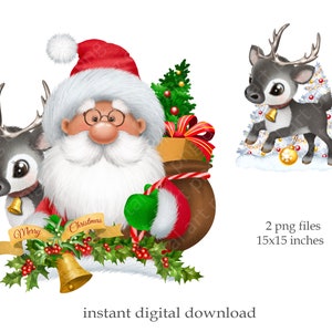 Papai Noel e veado PNG, Estampa de rena, Estampa de cartão postal de Natal, Feliz Natal, Design de sublimação de Papai Noel PNG, Download digital instantâneo