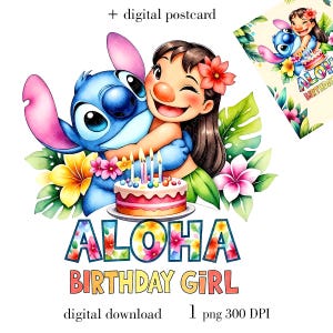 Stitch Lilo verjaardag PNG, Aloha Birthday Girl png, aquarel Stitch verjaardag PNG, schattige Stitch verjaardagsuitnodiging, Instant Download