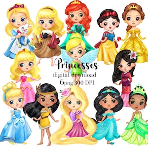 14 Principesse PNG Clipart, stampa Cenerentola Aurora Ariel Jasmine Belle Biancaneve, Decorazione per la cameretta dei bambini stampabile, download digitale