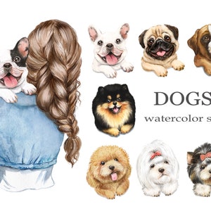Clipart acquerello cani. Clipart png razze di cani. Ragazze con cani. Stampa cani. PNG cani. Clipart animali domestici png.