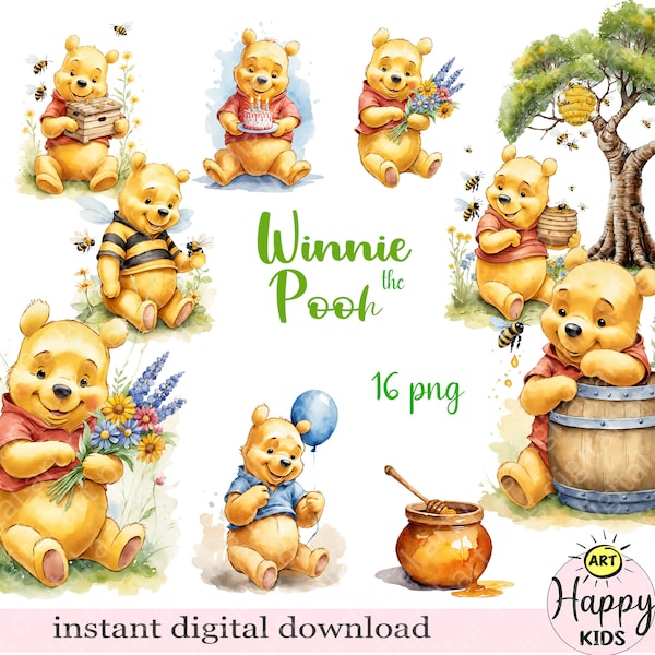 Oso de miel acuarela digital clipart, oso con olla de miel png, oso de miel png, oso de dibujos animados png, oso de acuarela
