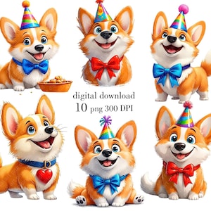 Anniversaire Corgi Clipart, Party Dogs PNG, Clipart chien mignon, style Aquarelle de chien