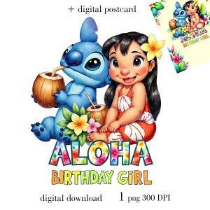 Cumpleaños de Stitch Lilo PNG, Cumpleaños de Aloha para niña PNG, Invitación de cumpleaños de Stitch en acuarela, Descarga instantánea
