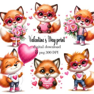 Niedliche Füchse zum Valentinstag Png, Valentinstag Png, niedliche Füchse mit rosa Herzen, sofortiger Download
