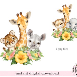 Animales de safari PNG, lindo elefante, jirafa, leopardo, cachorro de león, diseño de tarjeta, cumpleaños de safari, sublimación de camisetas, descarga digital instantánea