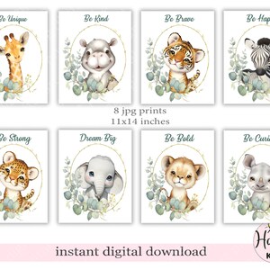 Safari Animals Nursery Art Prints: Set of 8 (Digital Download)