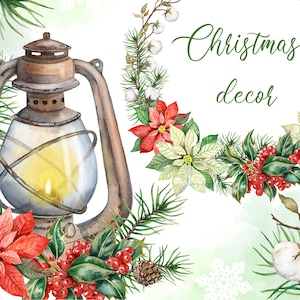 Watercolor Christmas Clipart: Poinsettia, Pine, Berries (PNG Digital Download)