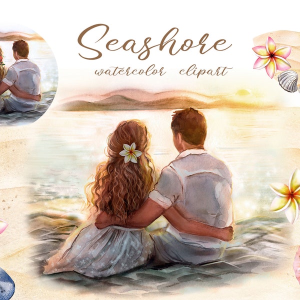 Watercolor illustration of a couple in love on the seashore, a man and a woman png clipart, watercolor png print, seashore digital download