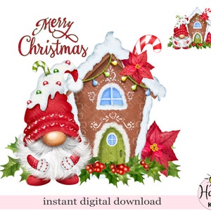 Gnomo de Natal PNG, Feliz Natal, design de sublimação de gnomo, gnomo de chapéu vermelho, gnomo de férias com casa, download digital instantâneo