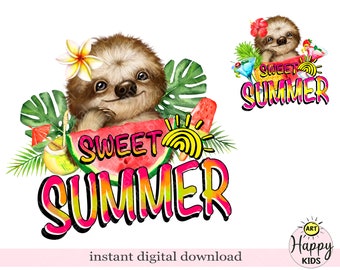 Cute Sloth Png. Sweet summer Sublimation design, Sloth Png files, Animal sloth Png, tropical print with Sloth, digital download png
