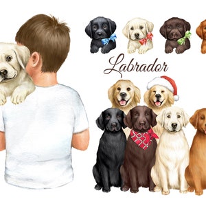 Perro labrador en acuarela, clipart. Regalo para amantes de los perros PNG. Niño con un perro. Huella de perro labrador PNG.