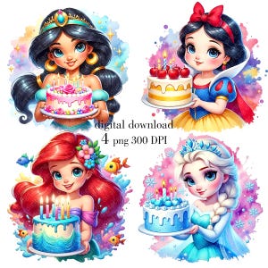 Clipart di Principesse, Clipart di Compleanno, Torta di Compleanno, Decorazioni per Feste, Download Digitale