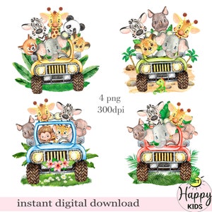 Safaridieren in jungle auto, babysafaridieren, afdrukbare safaridieren, babyromper png, kunst aan de muur kinderkamer, digitale download