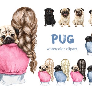 Clipart de acuarela de perro pug. Impresión de perro pug. Regalo para amantes de los perros. Chicas con un perro. Lindo perro pug, perro imprimible.
