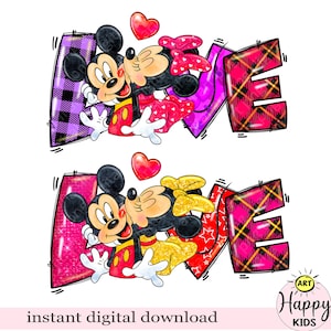Impresión PNG de Mickey y Minnie Mouse, diseño de sublimación de Mickey Mouse, diseño de camiseta, impresión rosa, día de San Valentín PNG, descarga instantánea