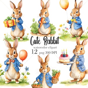 Peter Rabbit Clipart, Beatrix Potter Stil, Aquarell Hase Clipart, Kaninchen Clipart, DIY Kartenherstellung, Einladungskarte, Digital