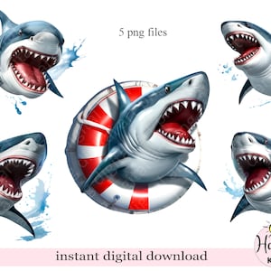 Clipart di squali ad acquerello, stampe digitali di squali, design di magliette con squali, download digitale istantaneo png
