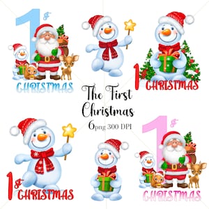 Clipart del primo Natale del bambino, Babbo Natale e pupazzo di neve, download immediato