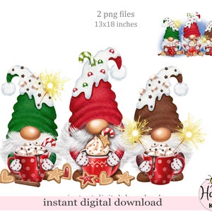 Impression PNG gnomes avec café et biscuits, trois gnomes PNG sublimation design, gnomes de Noël, design sublimation téléchargement immédiat