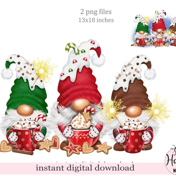 Gnomes with coffee and cookies PNG print, three gnomes PNG sublimation design,Christmas gnomes, sublimation design instant download