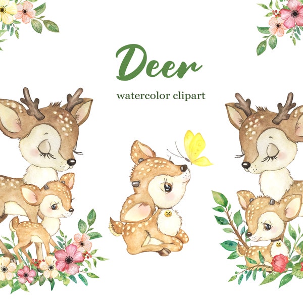 Baby deer watercolor clipart. Watercolor little animals. Cute Deer. Baby Shower Clip Art. Nursery Graphics.