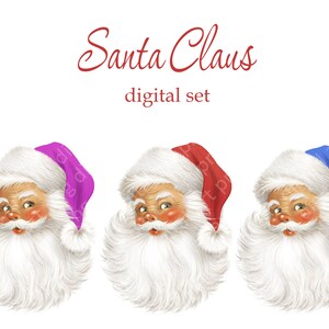 Conjunto digital de Papá Noel, impresión navideña PNG, gorro azul y rojo de Papá Noel, Papá Noel retro PNG, decoración de tarjeta navideña
