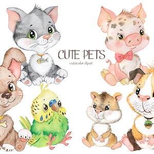Haustiere Aquarell Clipart. Niedliche Baby Tiere Cliparts.
