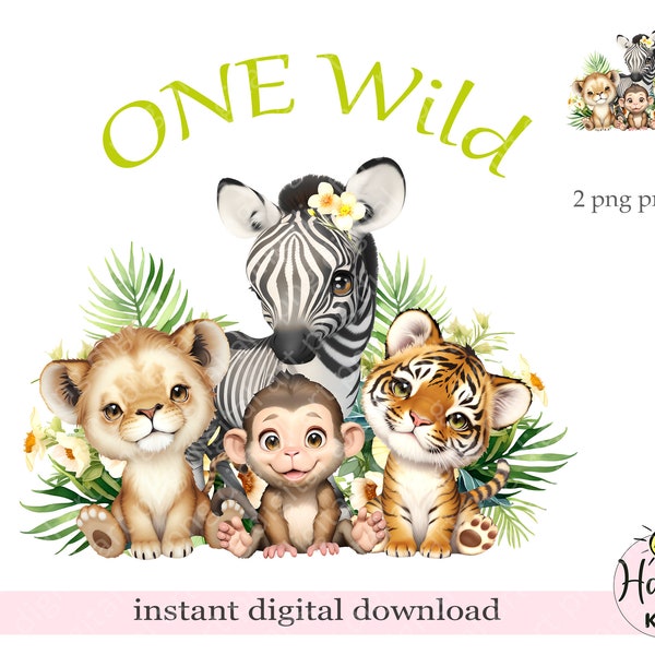 Wild One Baby Safari Animals PNG, Diseño de fiesta de cumpleaños de bebé, Diseño de sublimación de primer cumpleaños, Descarga digital instantánea