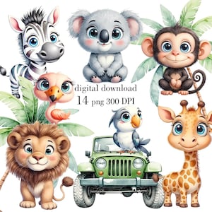 Clipart animaux de safari mignons, aquarelle animaux de la jungle PNG, bébés animaux, aventure Safari, téléchargement numérique instantané