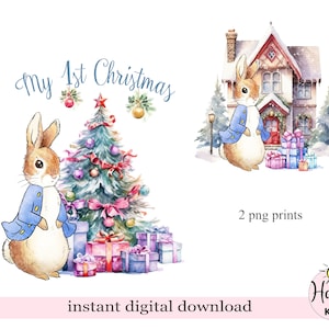 Peter Rabbit PNG, Design di sublimazione del coniglietto di Natale, Il mio primo Natale, Design del biglietto di Natale, Download digitale istantaneo