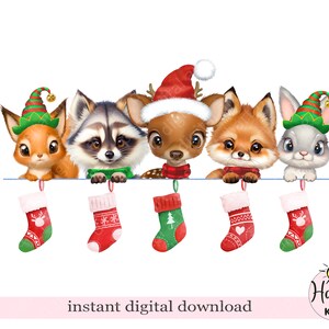 Animaux de la forêt de Noël PNG, 1er design de carte de Noël, Design en sublimation animaux de la forêt d'hiver, Design de Noël en T pour bébé