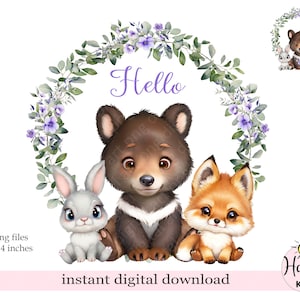 Bébé animaux des bois PNG, sublimation animaux de la forêt, Shower de bébé des bois PNG, conception de cartes pour enfants, téléchargement immédiat