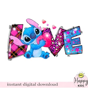 Stich Love Png, Happy Valentine's Day Stitch Png, sublimatieontwerp, Valentine Png, Roze print, Valentijnsdag Png, Instant Download
