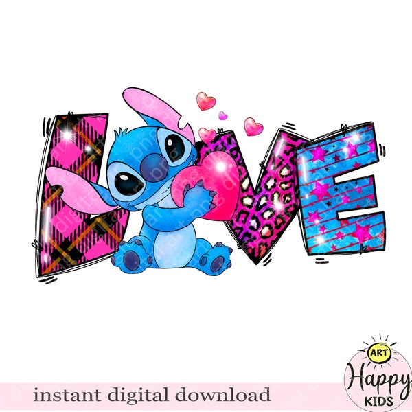 Stich Love Png, Happy Valentine' s Day Stitch Png, Sublimation Design, Valentine Png, Pink print, Valentines Day Png, Instant Download