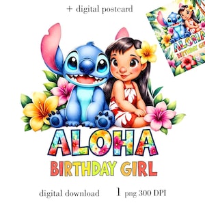 Lilo and Stitch verjaardag PNG, Aloha Birthday Girl png, aquarel Stitch verjaardag PNG, Instant Download